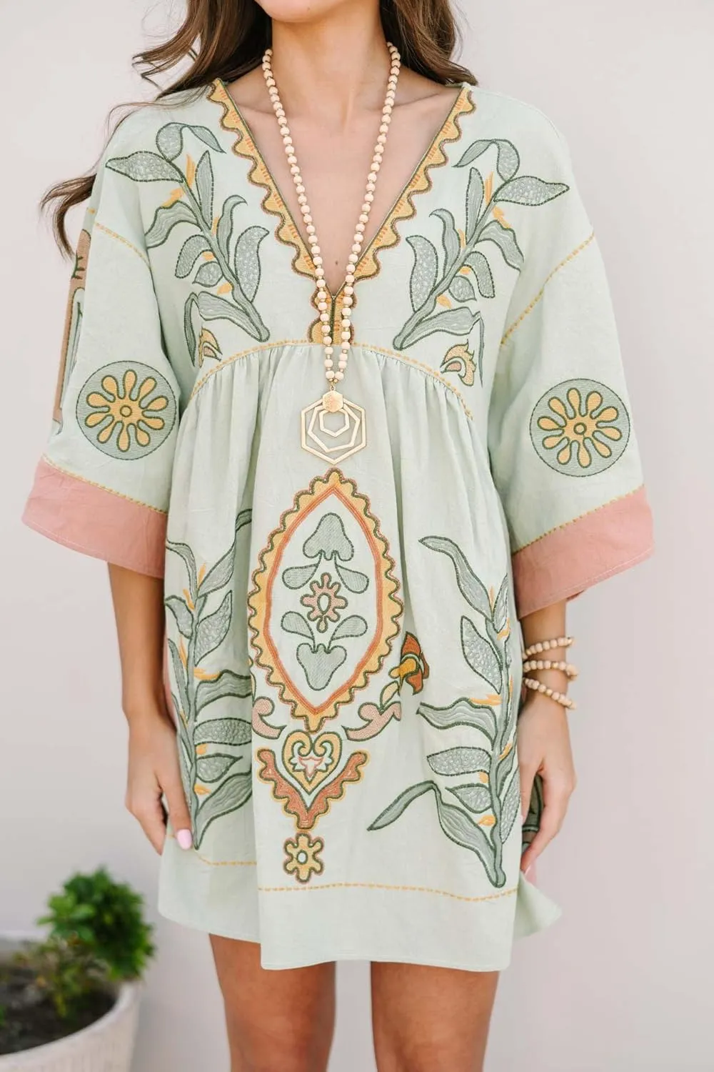 utcoco Women's 2025 Summer Beach Swing Flowy Mini Dress Boho Floral 3/4 Sleeve V Neck Loose Casual Linen Dress