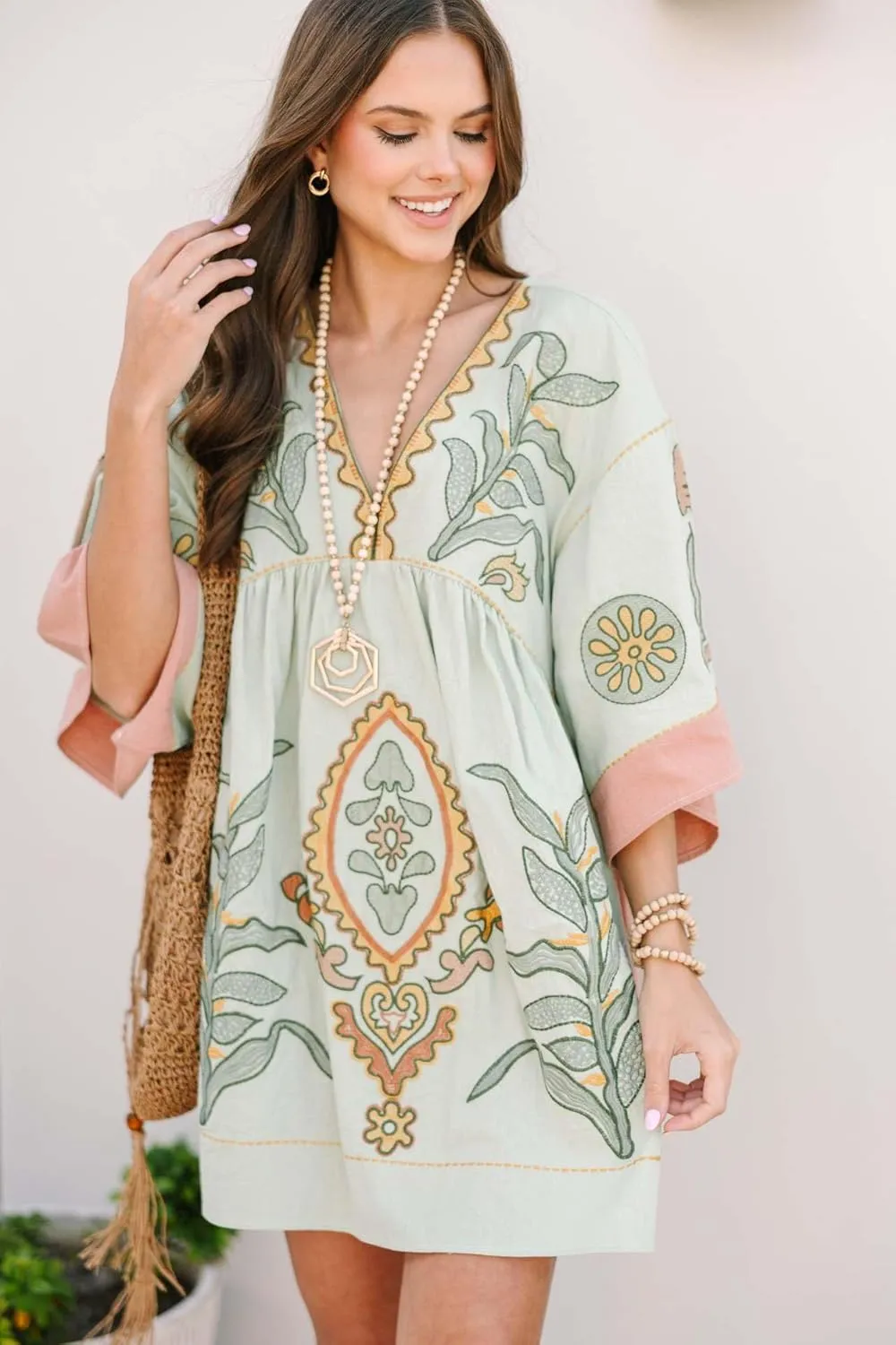utcoco Women's 2025 Summer Beach Swing Flowy Mini Dress Boho Floral 3/4 Sleeve V Neck Loose Casual Linen Dress