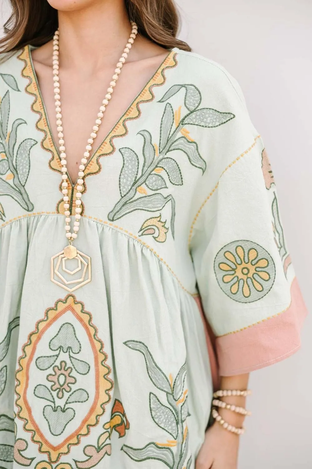 utcoco Women's 2025 Summer Beach Swing Flowy Mini Dress Boho Floral 3/4 Sleeve V Neck Loose Casual Linen Dress