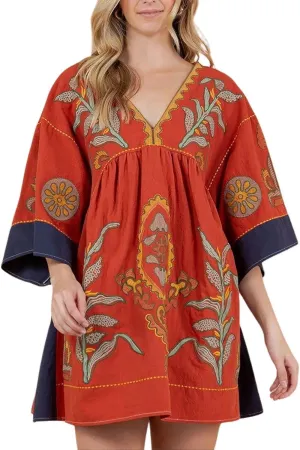 utcoco Women's 2025 Summer Beach Swing Flowy Mini Dress Boho Floral 3/4 Sleeve V Neck Loose Casual Linen Dress