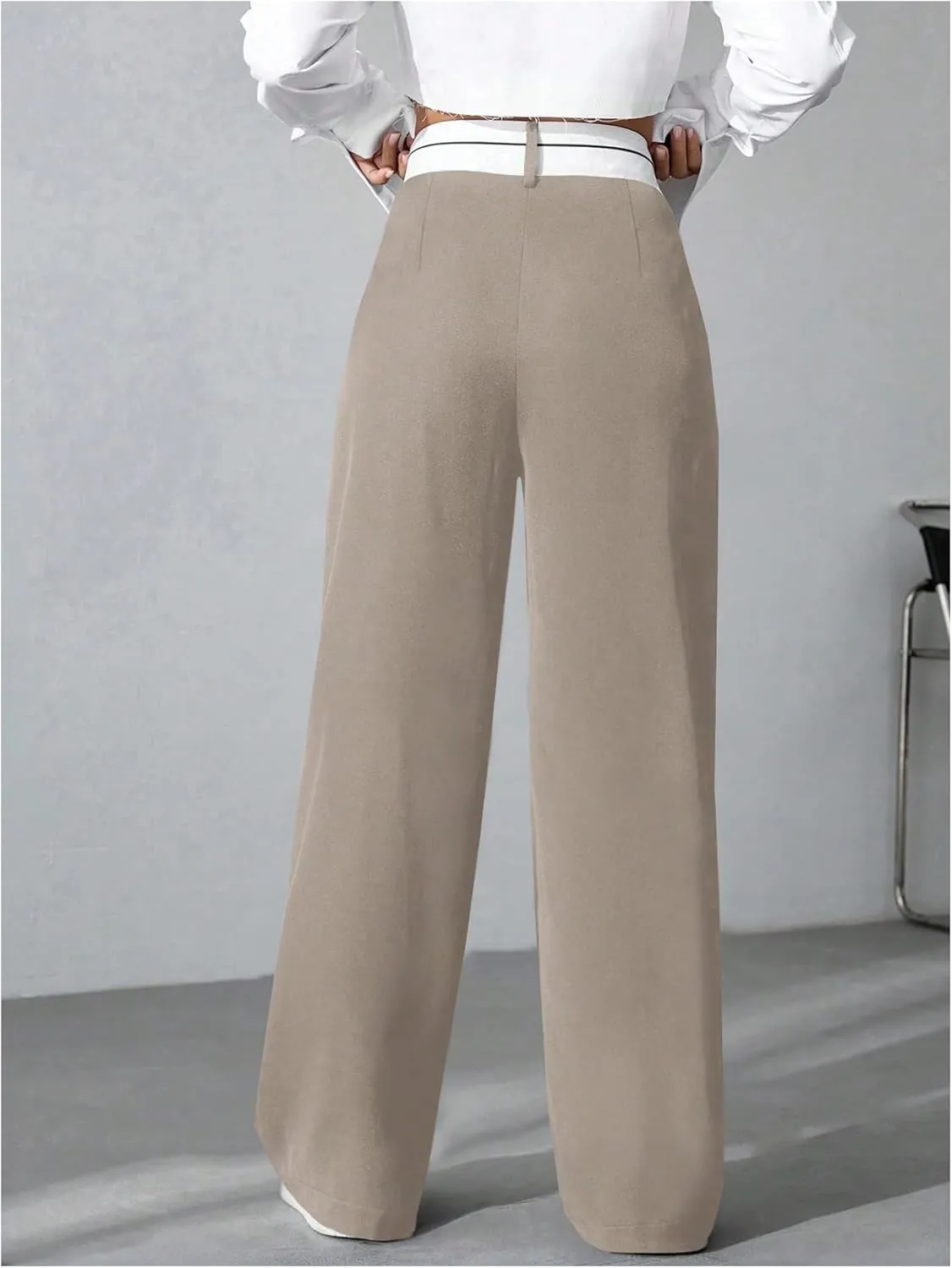 Verdusa Women's Color Block Asymmetrical High Waist Button Trousers Straight Leg Long Pants