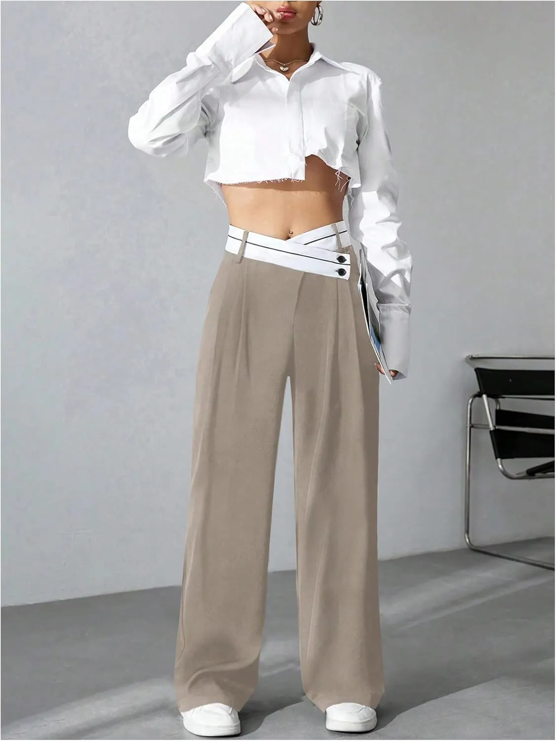 Verdusa Women's Color Block Asymmetrical High Waist Button Trousers Straight Leg Long Pants