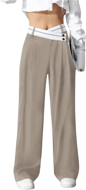 Verdusa Women's Color Block Asymmetrical High Waist Button Trousers Straight Leg Long Pants