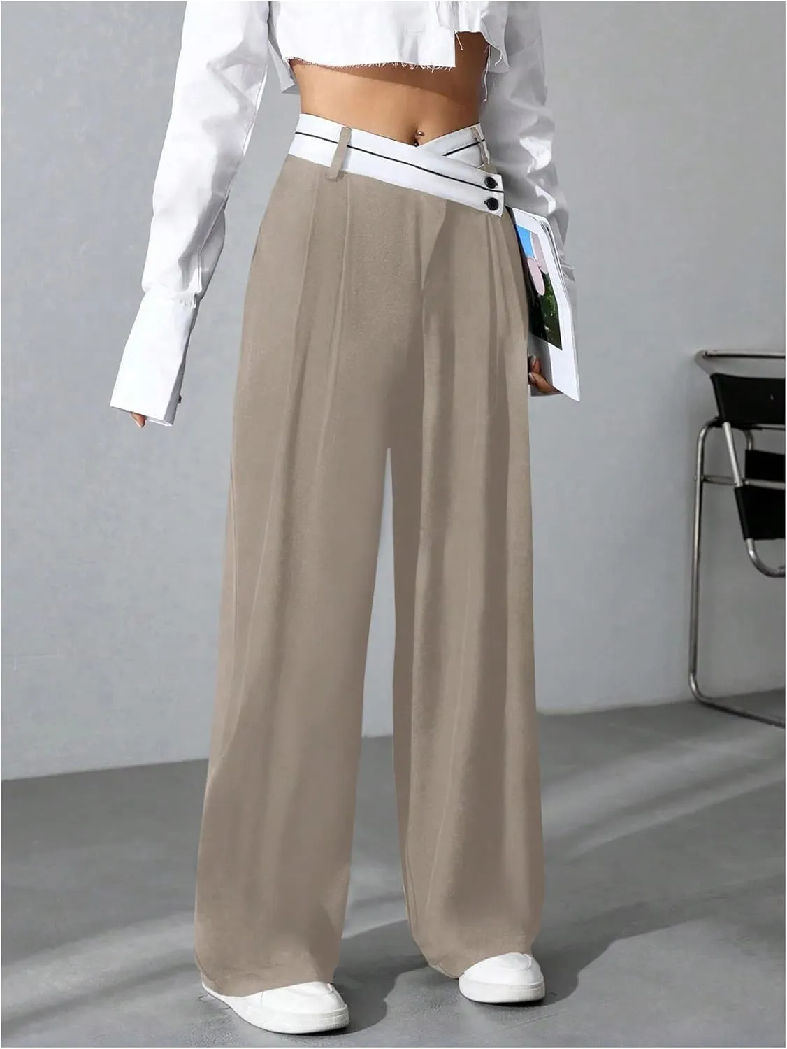 Verdusa Women's Color Block Asymmetrical High Waist Button Trousers Straight Leg Long Pants
