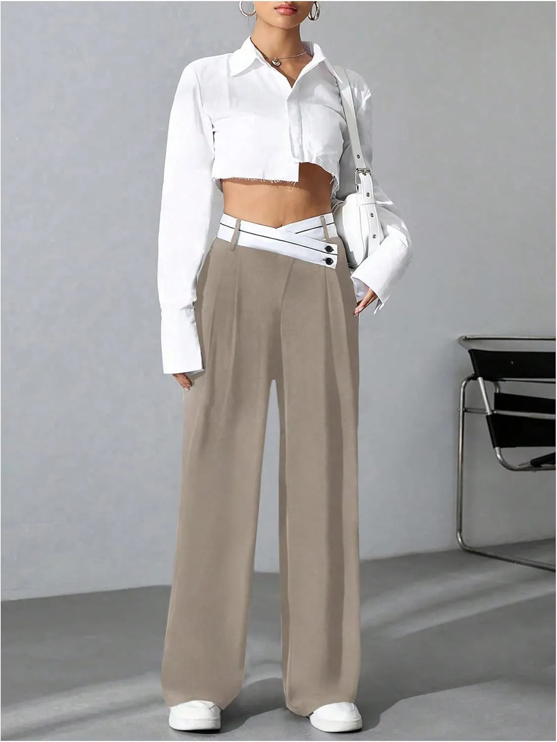 Verdusa Women's Color Block Asymmetrical High Waist Button Trousers Straight Leg Long Pants