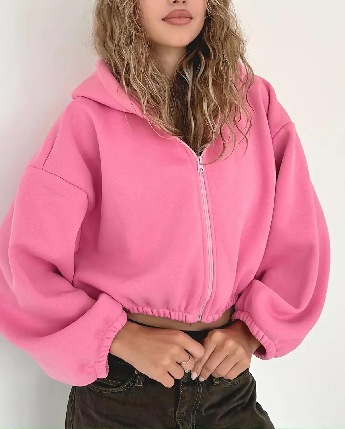 Viatabuna Cropped Zip Up Hoodies for Women Oversized Long Sleeve Casual Loose Short Sweatshirt 90s Hooded Crop Jacket Top