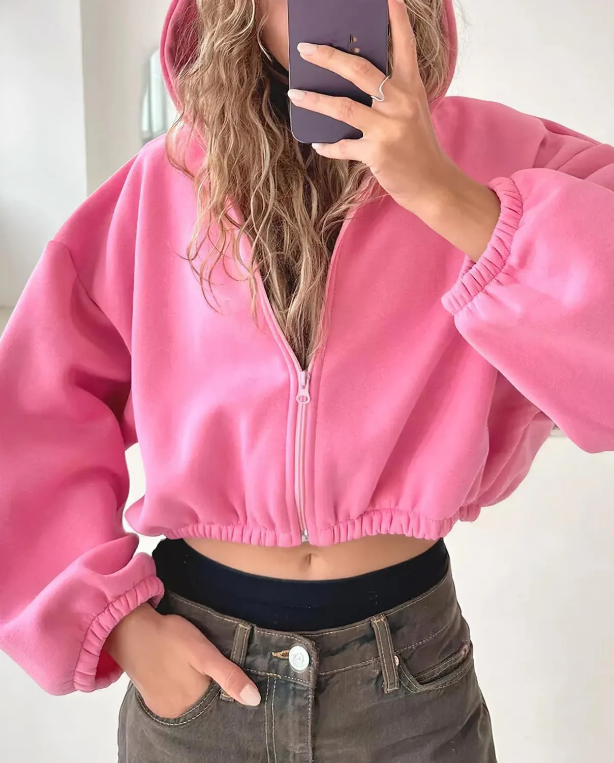 Viatabuna Cropped Zip Up Hoodies for Women Oversized Long Sleeve Casual Loose Short Sweatshirt 90s Hooded Crop Jacket Top