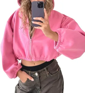 Viatabuna Cropped Zip Up Hoodies for Women Oversized Long Sleeve Casual Loose Short Sweatshirt 90s Hooded Crop Jacket Top