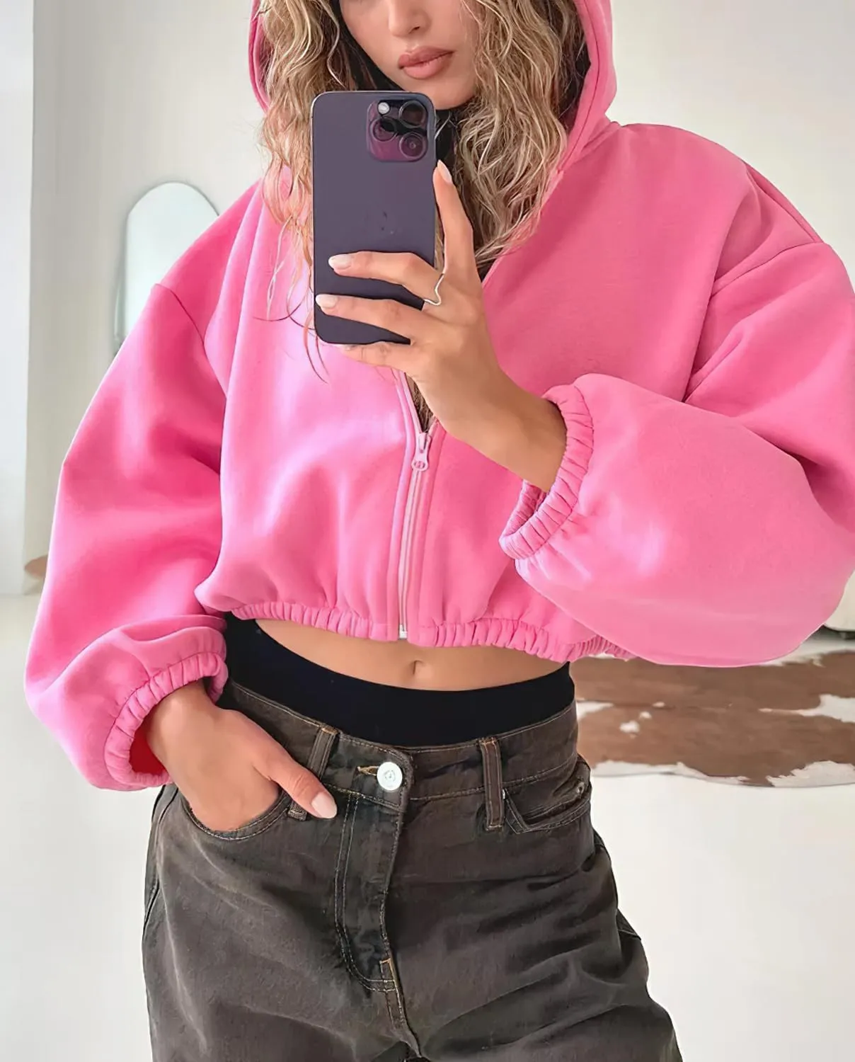 Viatabuna Cropped Zip Up Hoodies for Women Oversized Long Sleeve Casual Loose Short Sweatshirt 90s Hooded Crop Jacket Top