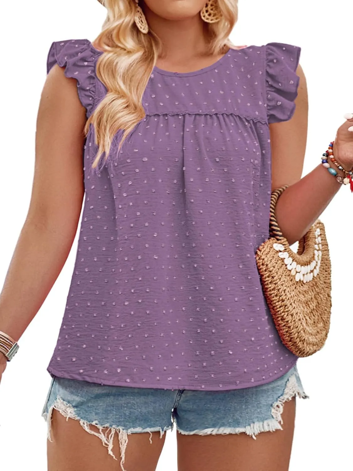 VISLILY Womens-Plus-Size-Summer-Tank-Tops Ruffle Cap Sleeveless T Shirts Crewneck Swiss Dot Blouses Pleated Casual Tee