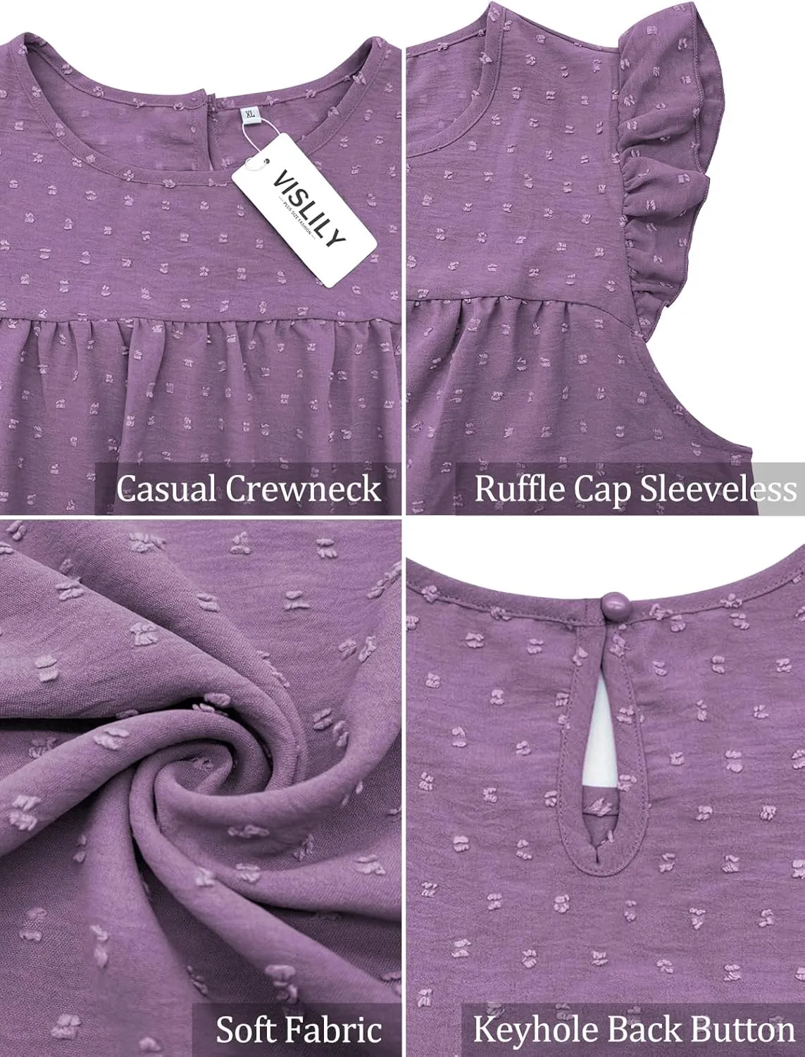 VISLILY Womens-Plus-Size-Summer-Tank-Tops Ruffle Cap Sleeveless T Shirts Crewneck Swiss Dot Blouses Pleated Casual Tee