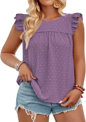 VISLILY Womens-Plus-Size-Summer-Tank-Tops Ruffle Cap Sleeveless T Shirts Crewneck Swiss Dot Blouses Pleated Casual Tee