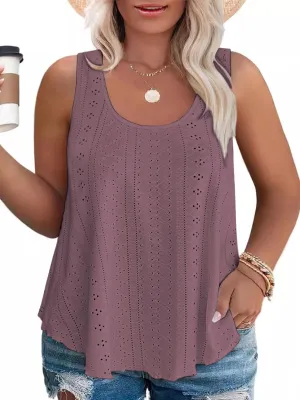 VISLILY Womens-Plus-Size-Summer-Tank-Tops Scoop Neck Camisole Sleeveless T Shirts Flowy Eyelet Embroidery Tunics Tee XL-5XL