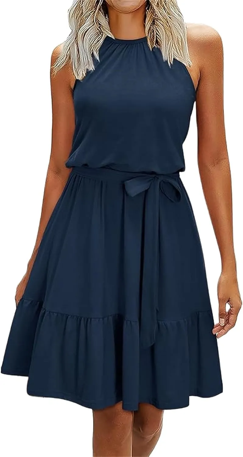 Wedding Guest Dress for Women Crew Neck Sleeveless High Waist Dresses Dressy Casual Beach Vacation Dress Sundresses