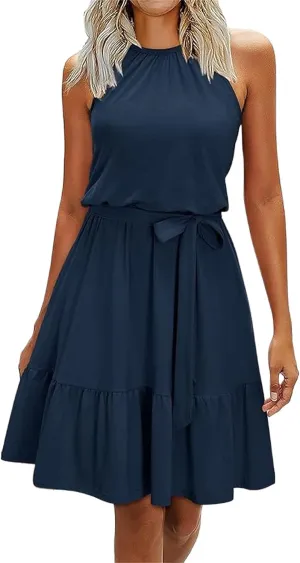 Wedding Guest Dress for Women Crew Neck Sleeveless High Waist Dresses Dressy Casual Beach Vacation Dress Sundresses