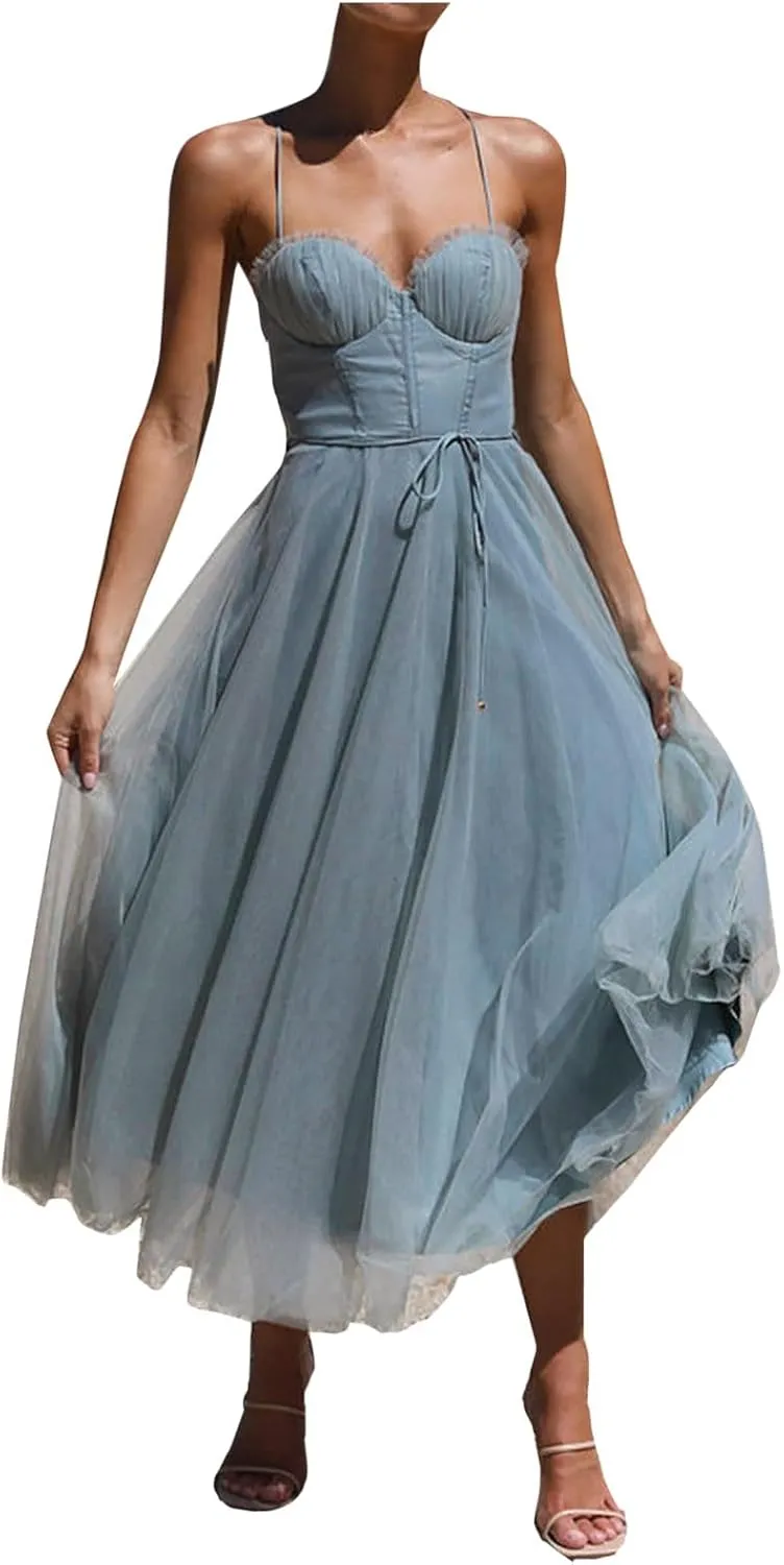 Wedding Guest Dresses for Women Sexy Spaghetti Straps Corset Prom Dress Flowy Tulle Hem Fairy Gown for Graduation