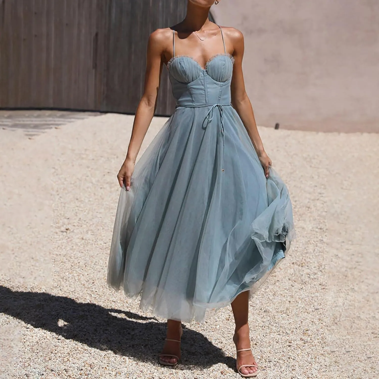 Wedding Guest Dresses for Women Sexy Spaghetti Straps Corset Prom Dress Flowy Tulle Hem Fairy Gown for Graduation