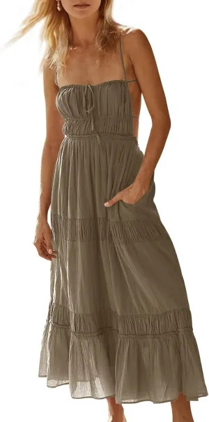 Wenrine Womens Summer Beach Dresses Backless Spaghetti Straps Self Tie Tiered Flowy Casual Maxi Dress with Pockets