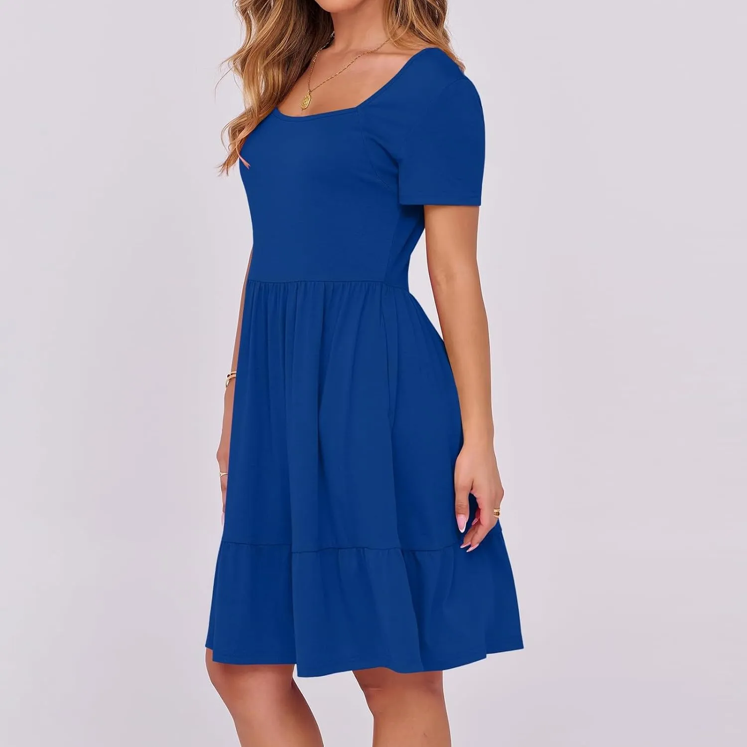 Women 2025 Summer Dress Elegant Square Neck Formal Short Sleeve Business Casual Outfits Ruffle Sundress with Pockets