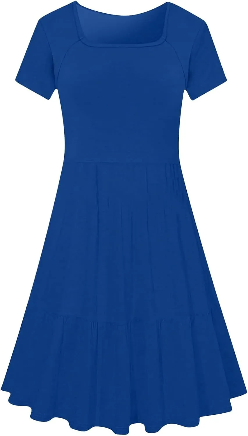 Women 2025 Summer Dress Elegant Square Neck Formal Short Sleeve Business Casual Outfits Ruffle Sundress with Pockets