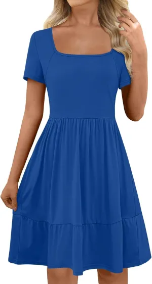 Women 2025 Summer Dress Elegant Square Neck Formal Short Sleeve Business Casual Outfits Ruffle Sundress with Pockets