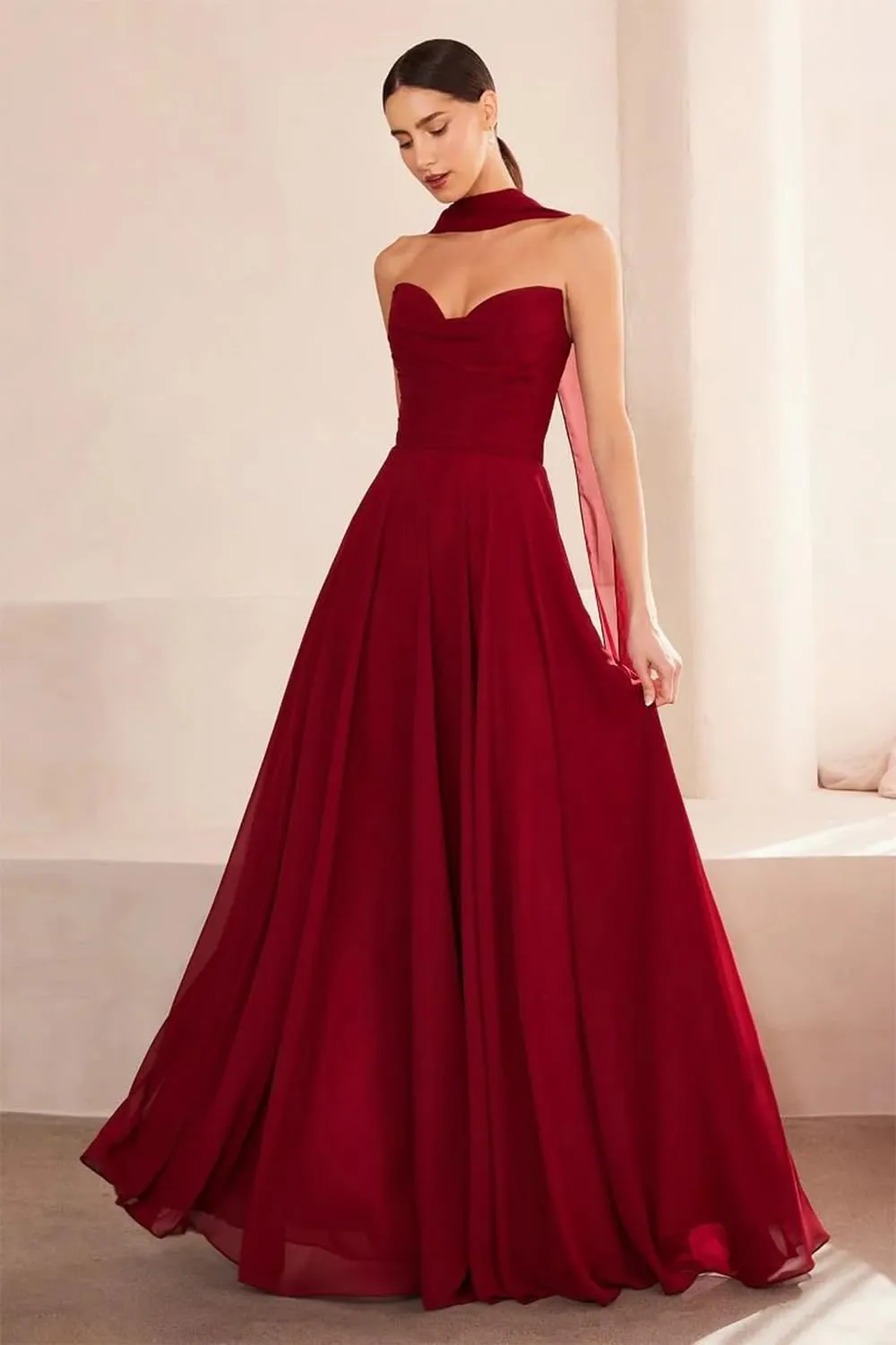 Women Bridesmaid Dress with Scarf A Line Sweetheart Neck Strapless Wedding Guest Dress AU128
