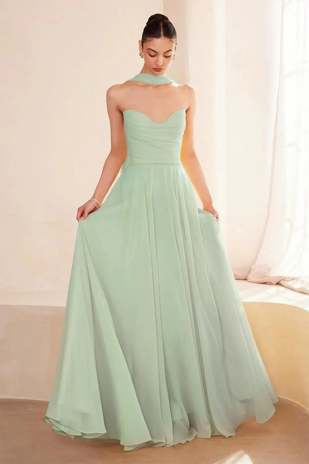 Women Bridesmaid Dress with Scarf A Line Sweetheart Neck Strapless Wedding Guest Dress AU128