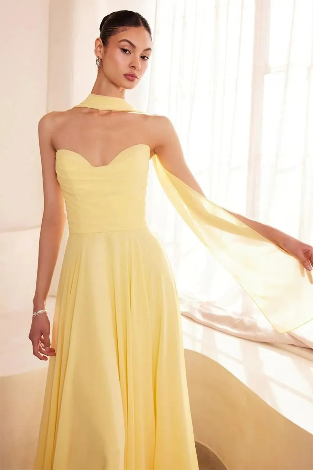 Women Bridesmaid Dress with Scarf A Line Sweetheart Neck Strapless Wedding Guest Dress AU128