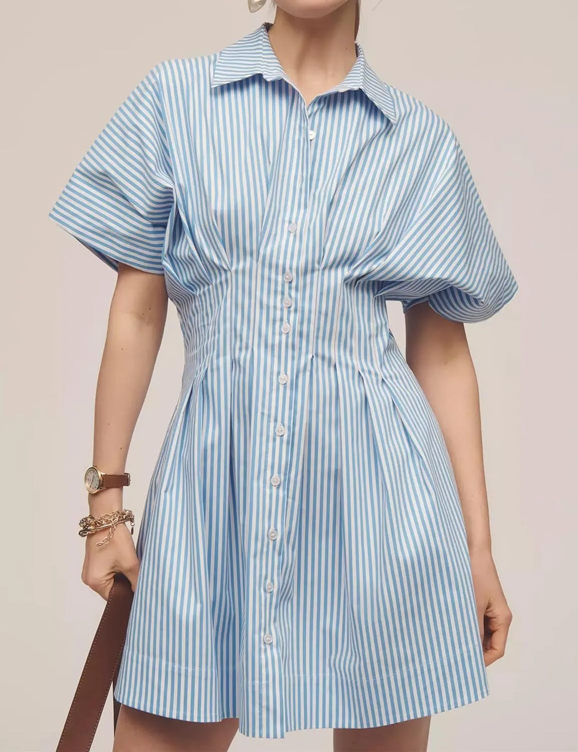 Women Button Down Pleated Shirt Dress Summer Short Sleeve Blouse Striped Print Corset Mini Dresses