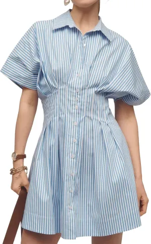 Women Button Down Pleated Shirt Dress Summer Short Sleeve Blouse Striped Print Corset Mini Dresses