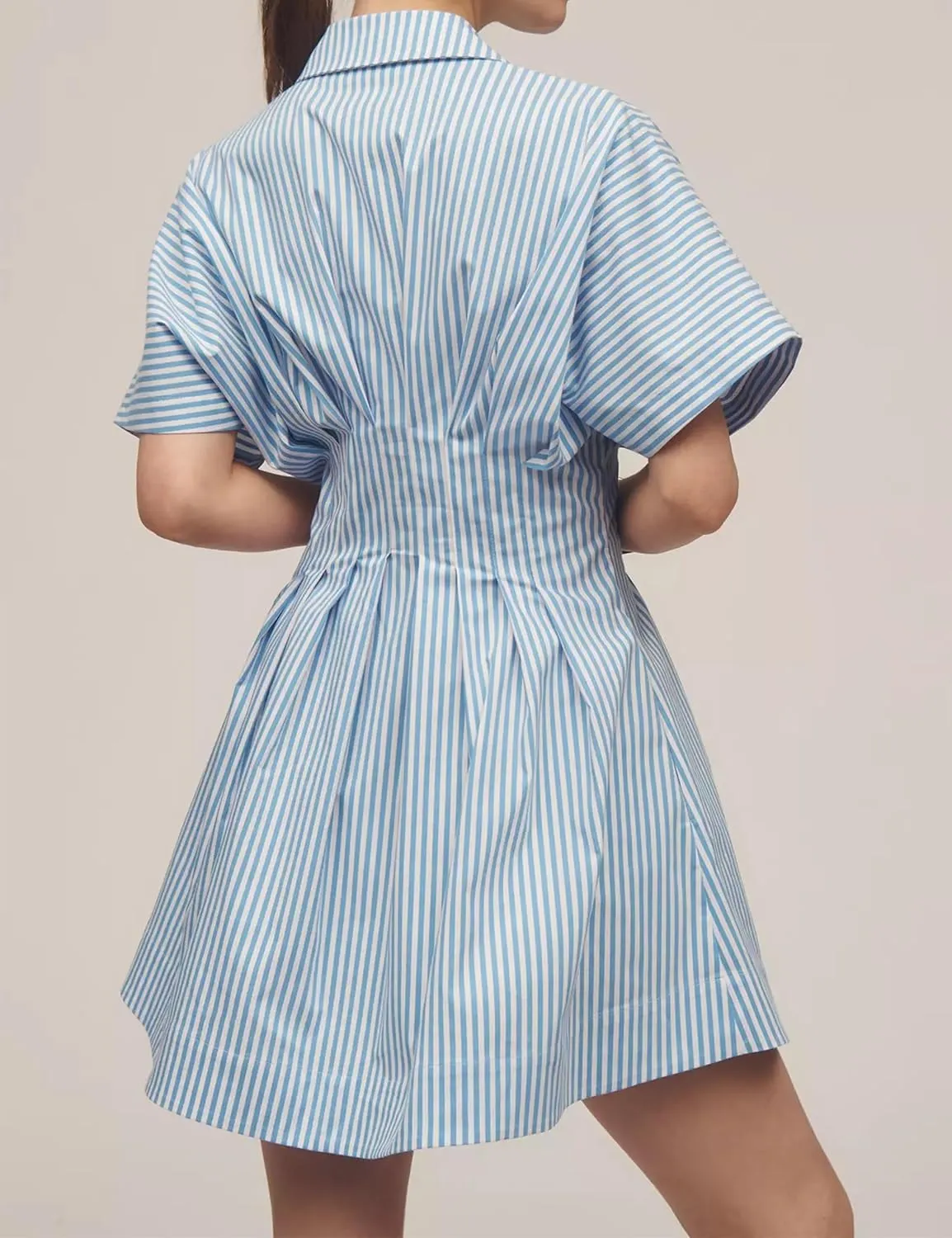 Women Button Down Pleated Shirt Dress Summer Short Sleeve Blouse Striped Print Corset Mini Dresses