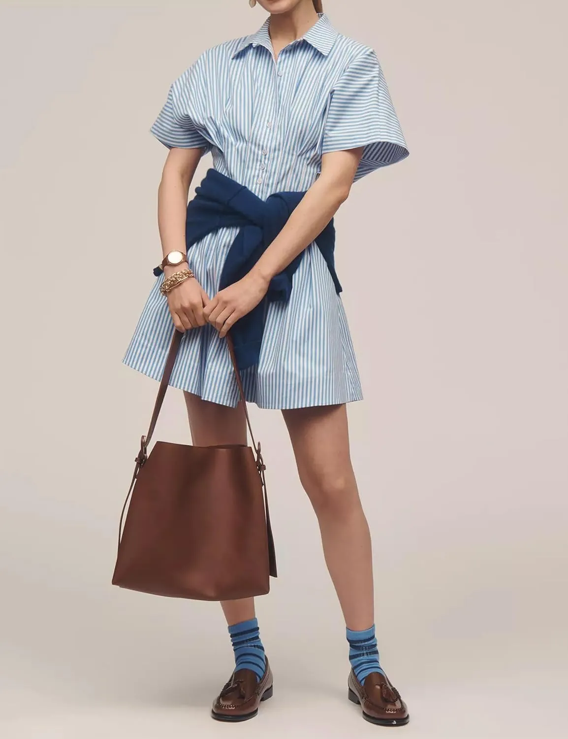 Women Button Down Pleated Shirt Dress Summer Short Sleeve Blouse Striped Print Corset Mini Dresses
