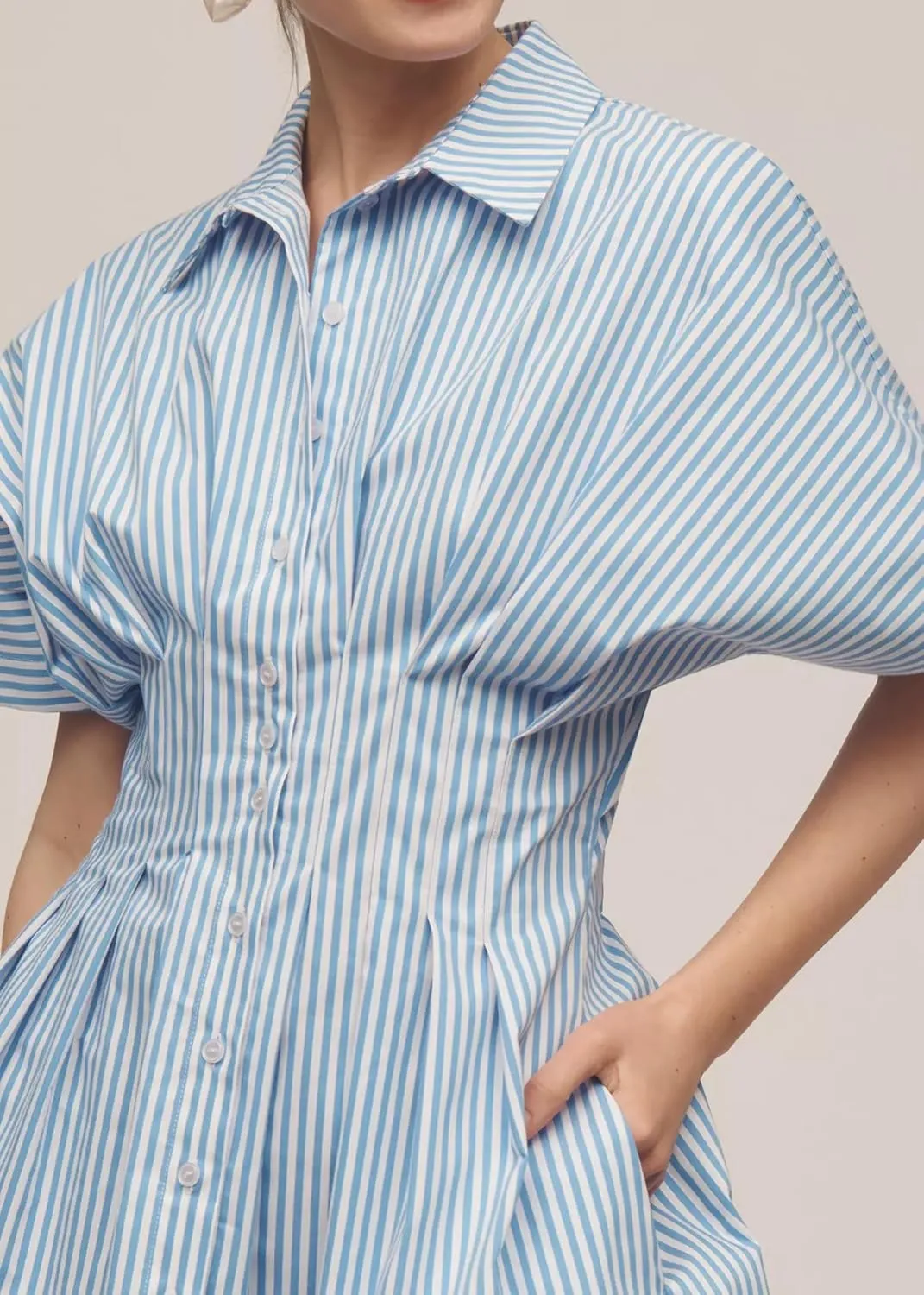 Women Button Down Pleated Shirt Dress Summer Short Sleeve Blouse Striped Print Corset Mini Dresses