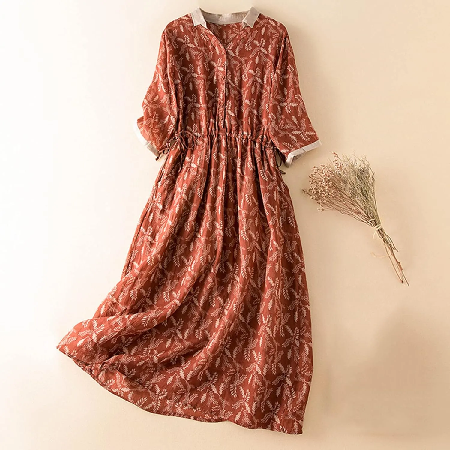 Women Cotton Linen Korean Style Fashion A-Line Dresses Summer Half Sleeve Lace-Up Waist-Defined Floral Casual Dress