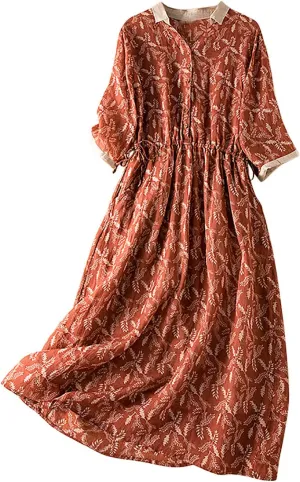 Women Cotton Linen Korean Style Fashion A-Line Dresses Summer Half Sleeve Lace-Up Waist-Defined Floral Casual Dress