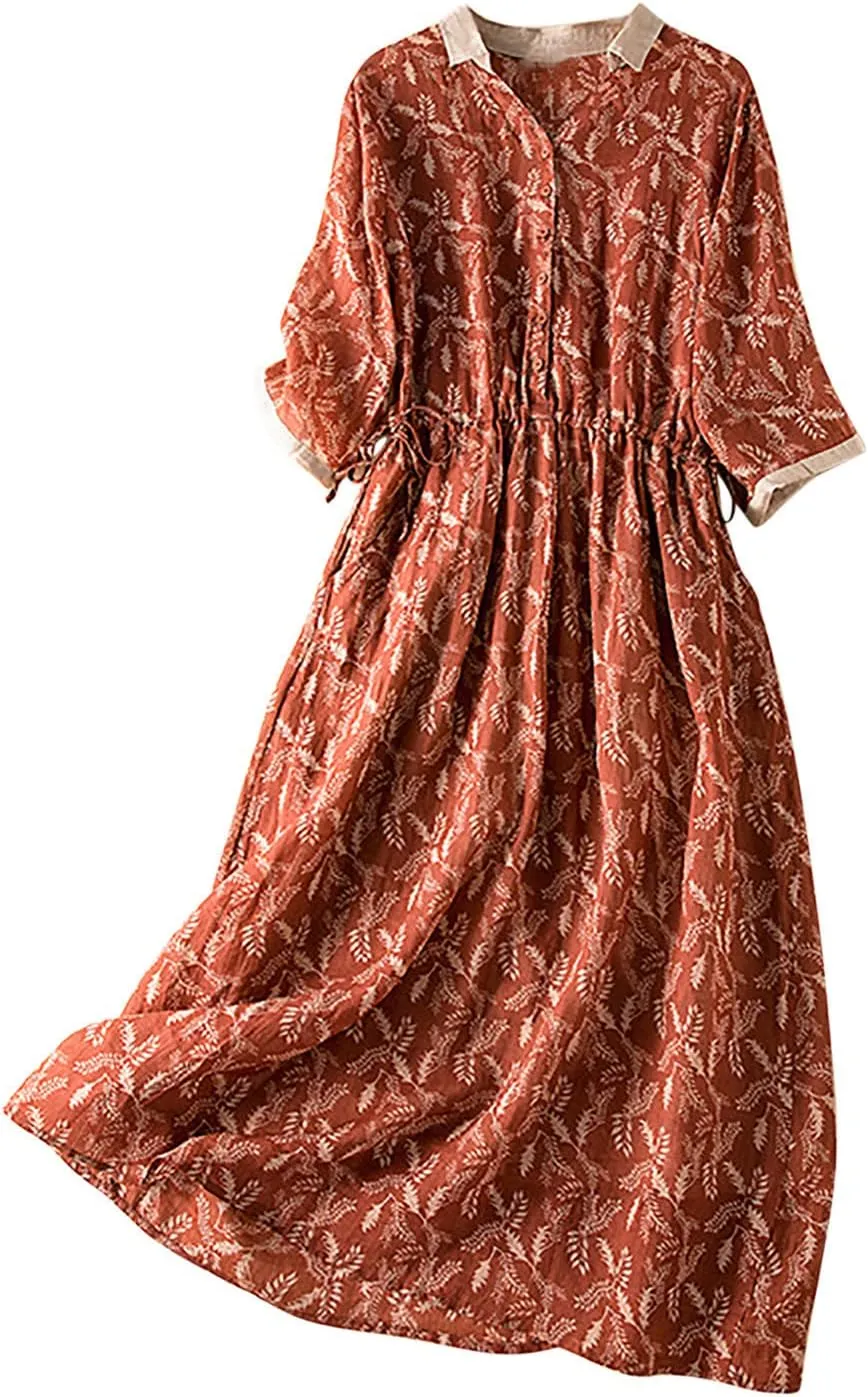 Women Cotton Linen Korean Style Fashion A-Line Dresses Summer Half Sleeve Lace-Up Waist-Defined Floral Casual Dress