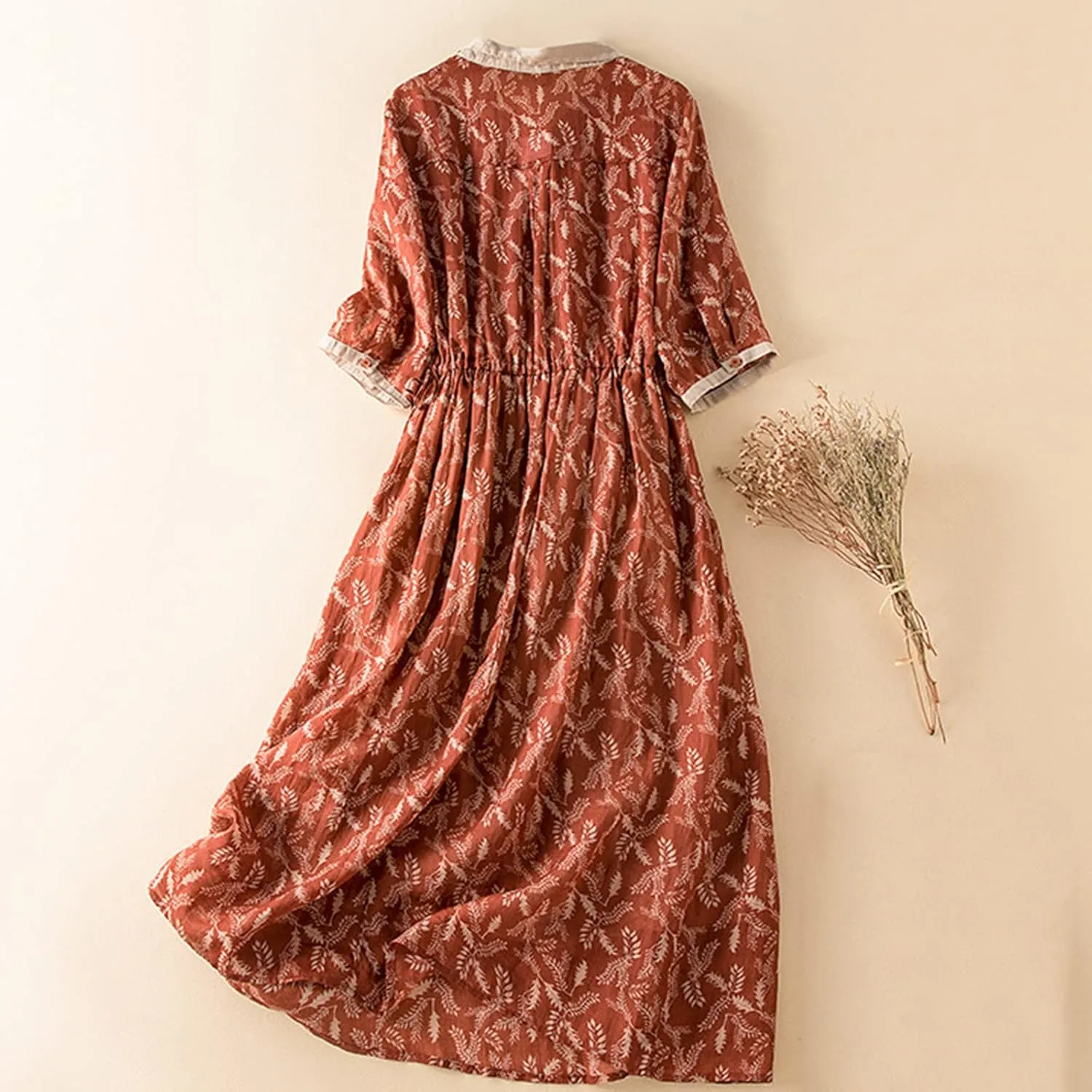 Women Cotton Linen Korean Style Fashion A-Line Dresses Summer Half Sleeve Lace-Up Waist-Defined Floral Casual Dress