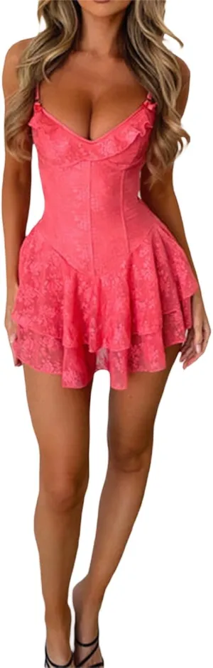 Women Hollow Out Eyelet Lace Mini Dress Short Puff Sleeve Tie Up A-Line Dress Y2k Strap Ruffle Flowy Short Dress