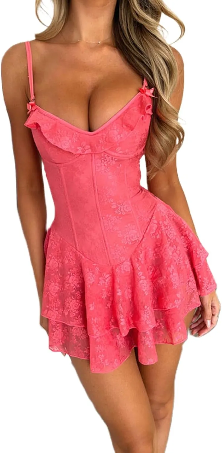 Women Hollow Out Eyelet Lace Mini Dress Short Puff Sleeve Tie Up A-Line Dress Y2k Strap Ruffle Flowy Short Dress