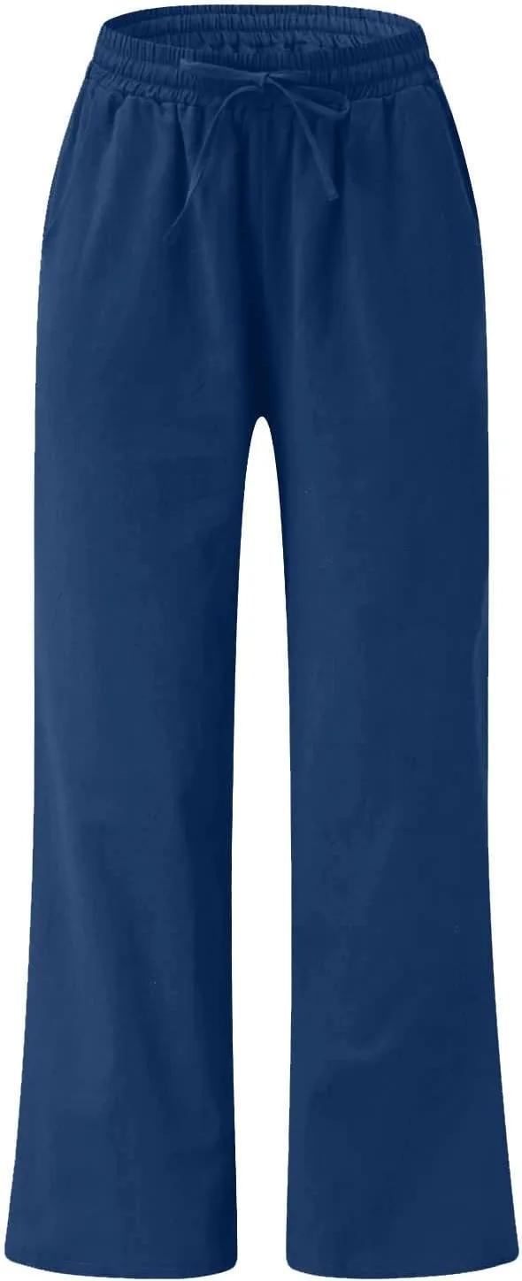Women Linen Wide Leg Pants Casual High Waist Loose Palazzo Flowy Adjustable Tie Knot Trousers Lounge with Pockets