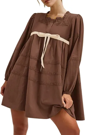 Women Long Puff Sleeve Flowy Mini Dress Cute Bow Tie Front Babydoll Bow Dress Trendy Embroidered A-line for Women
