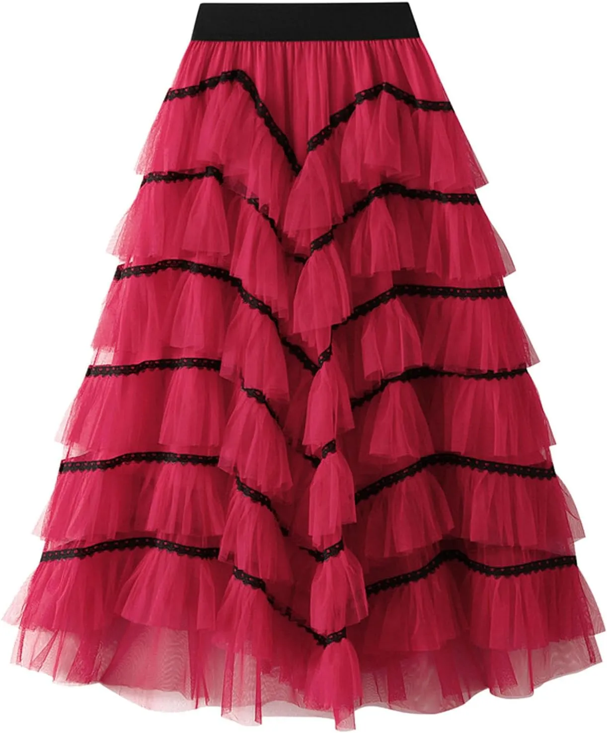 Women Mid Length Skirt Dance Party A Line High Waisted Lace Tulle Tiered Skirt Holiday Party Costume Fall Mini