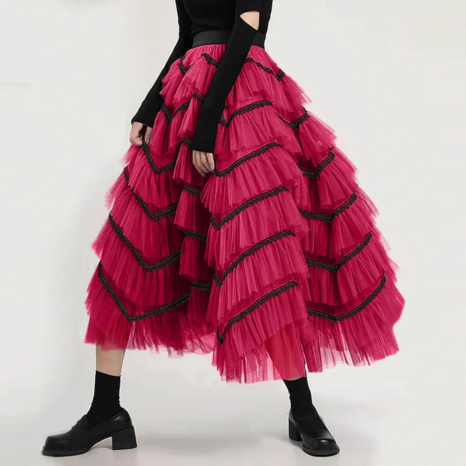 Women Mid Length Skirt Dance Party A Line High Waisted Lace Tulle Tiered Skirt Holiday Party Costume Fall Mini