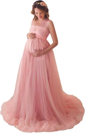 Women Off Shoulder Long Sleeve Maternity Dress Tulle Elegant Slim Fit Gown Baby Shower Photography Maxi Dress for Photo Shoot