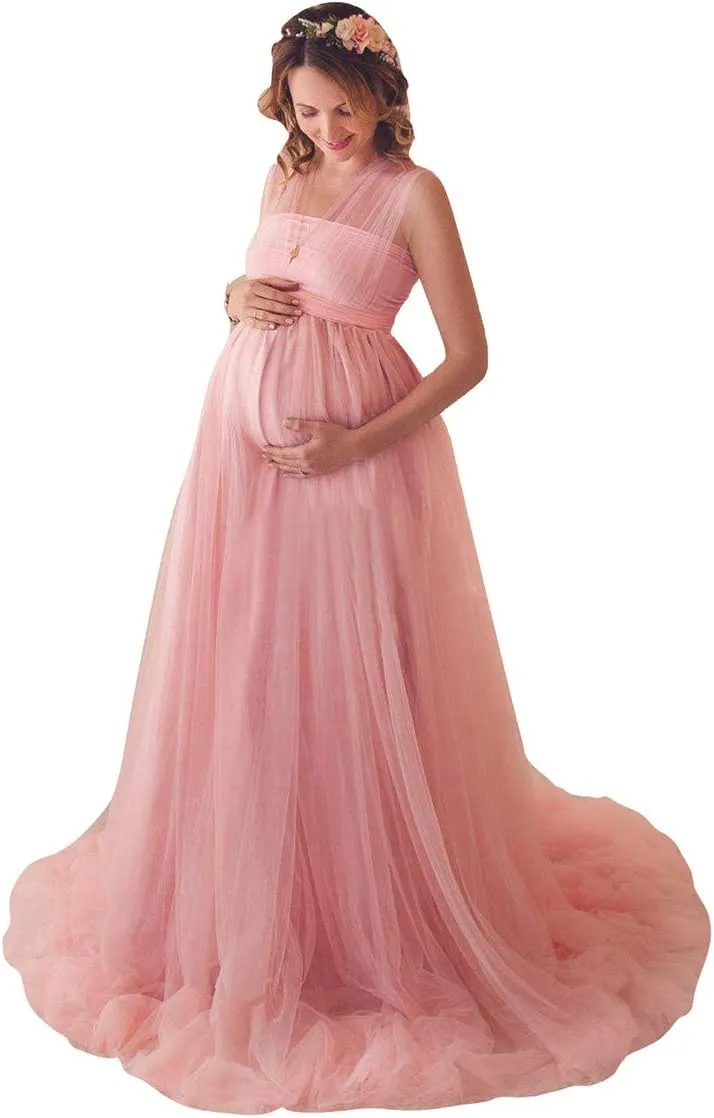 Women Off Shoulder Long Sleeve Maternity Dress Tulle Elegant Slim Fit Gown Baby Shower Photography Maxi Dress for Photo Shoot