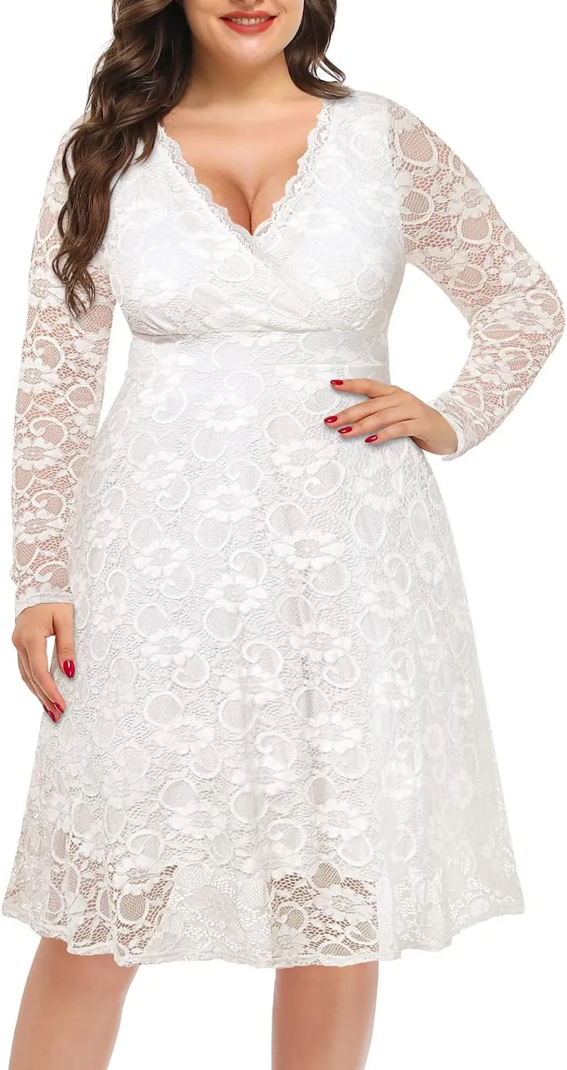Women Plus Size Wedding Guest Dresses Cocktail Black Wrap Lace Fall Formal Long Sleeve Knee Length Evening Party Dress