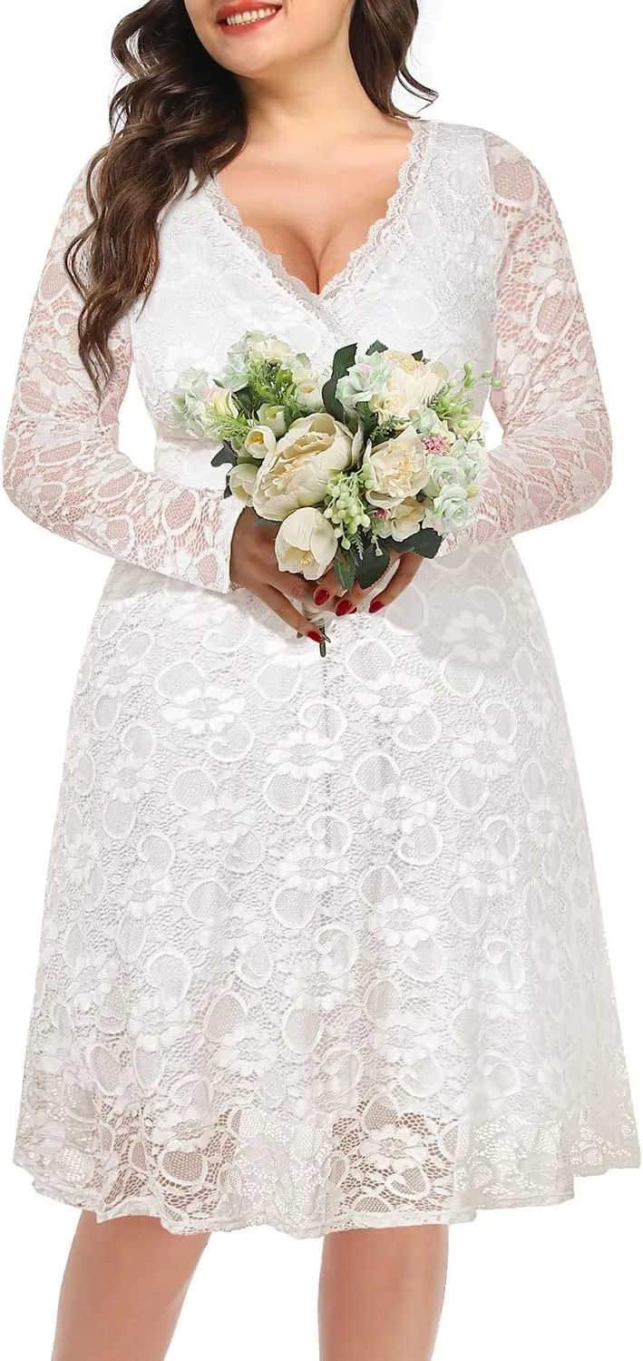 Women Plus Size Wedding Guest Dresses Cocktail Black Wrap Lace Fall Formal Long Sleeve Knee Length Evening Party Dress