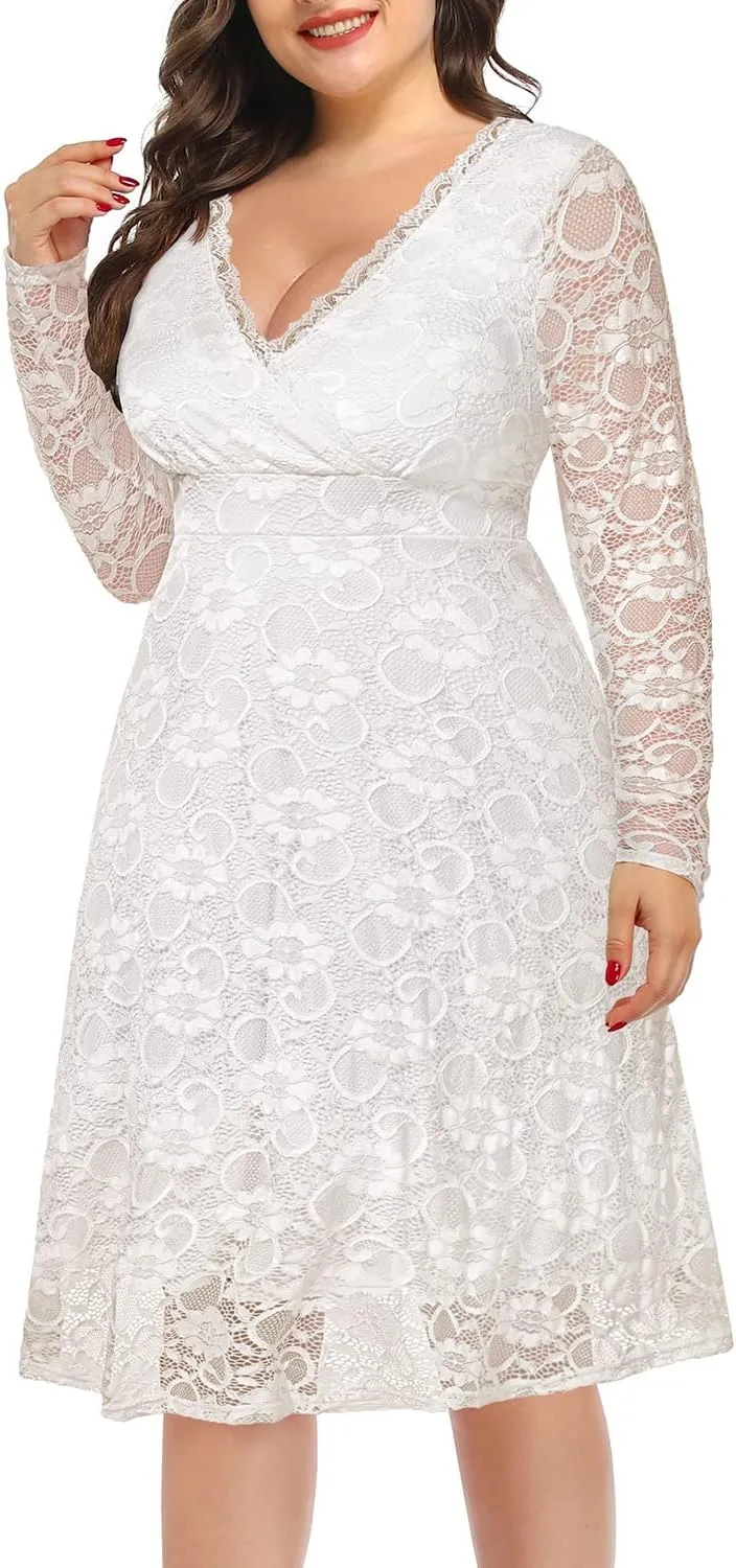 Women Plus Size Wedding Guest Dresses Cocktail Black Wrap Lace Fall Formal Long Sleeve Knee Length Evening Party Dress