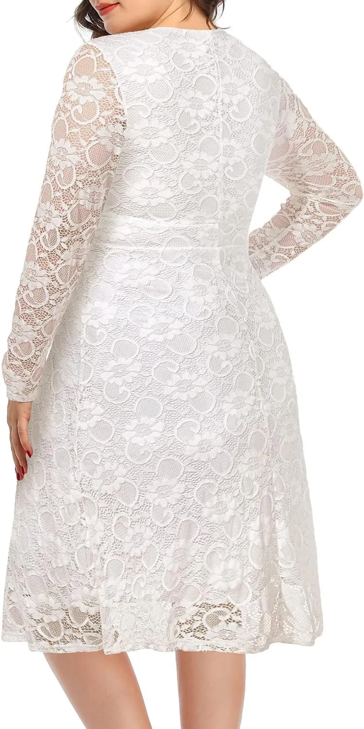 Women Plus Size Wedding Guest Dresses Cocktail Black Wrap Lace Fall Formal Long Sleeve Knee Length Evening Party Dress
