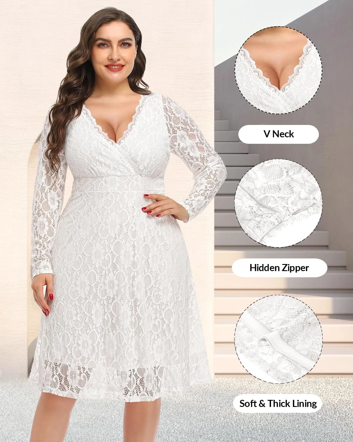 Women Plus Size Wedding Guest Dresses Cocktail Black Wrap Lace Fall Formal Long Sleeve Knee Length Evening Party Dress